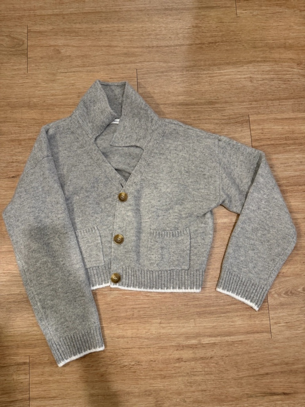 Cropped Shawl Collar Button-Front Sweater Jacket - Gray